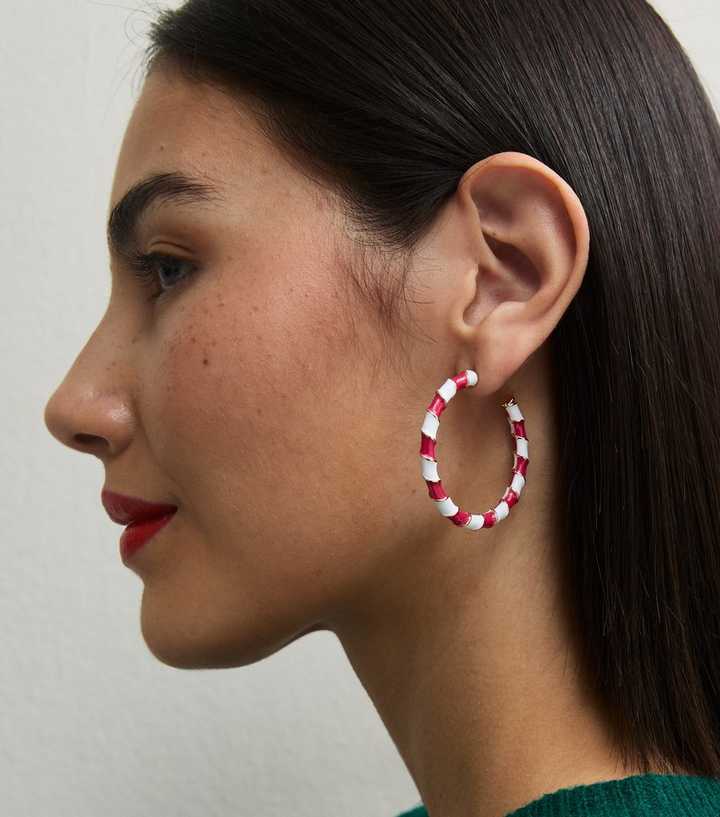Pink Christmas Candy Cane Hoop Earrings