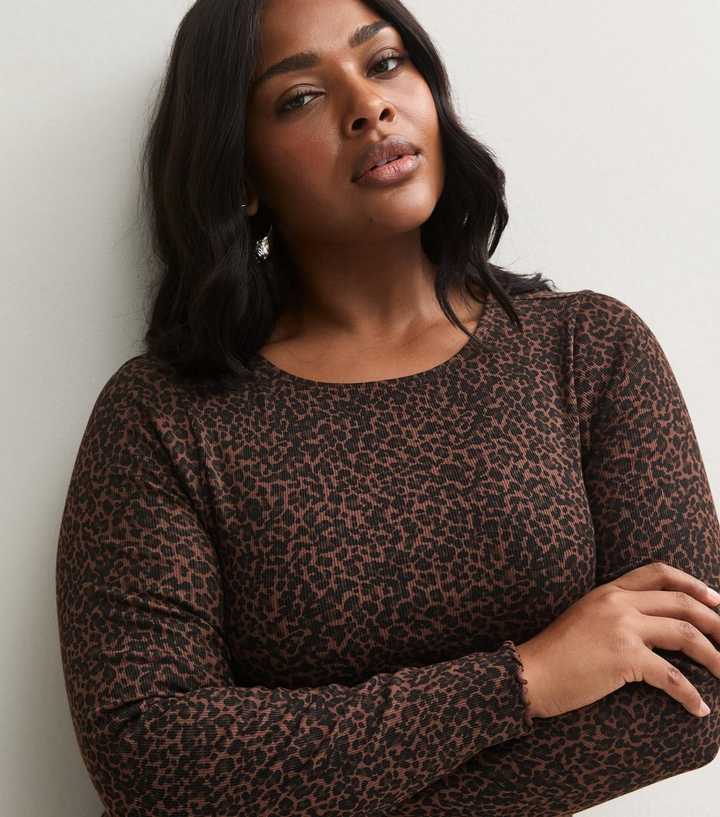 Curves Brown Cotton Rich Animal Print Long Sleeve Top