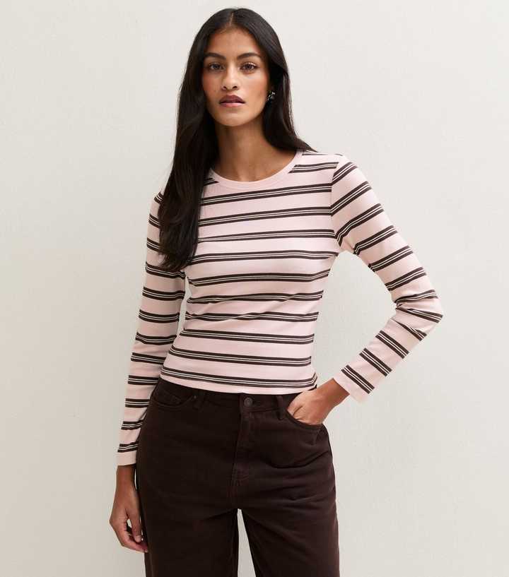 Petite Pink Cotton Rich Striped Long Sleeve Top