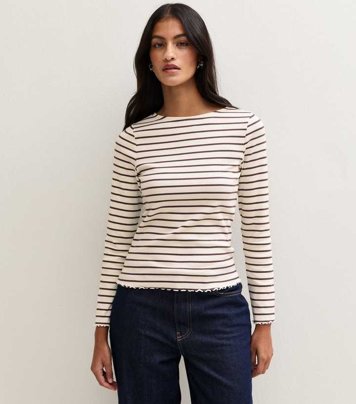 Petite Cream Striped Cotton Rich Lettuce Edge Long Sleeve Top