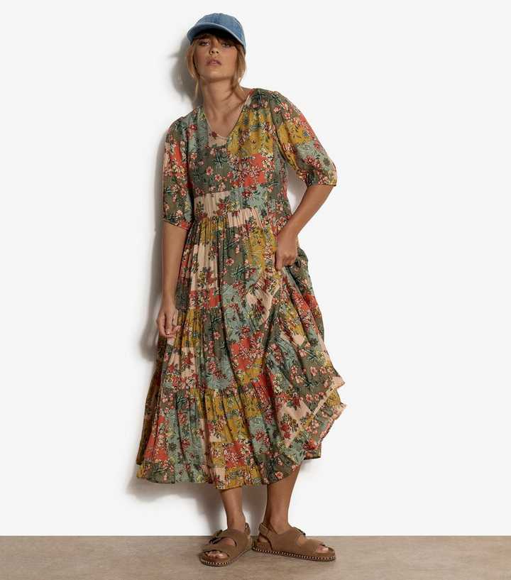 Apricot Yellow Bloom Patchwork Print Midi Dress
