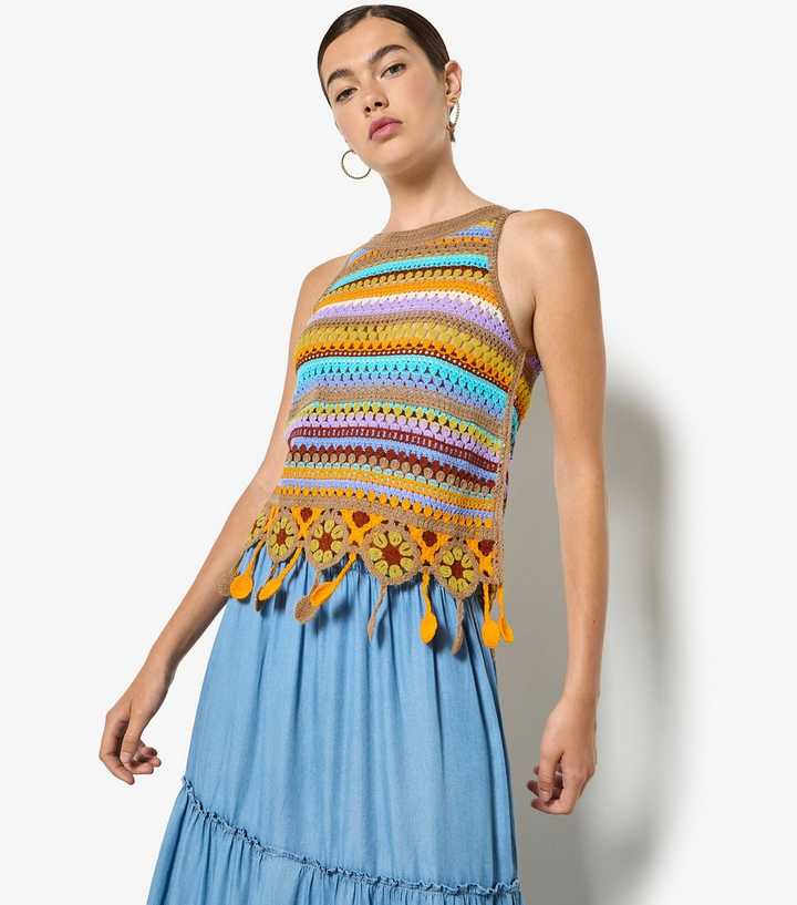 Apricot Yellow Striped Tassel Hem Crochet Knit Top