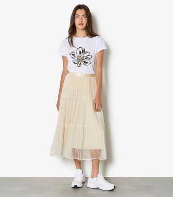 Apricot Cream Bow Detail Mesh Midi Skirt