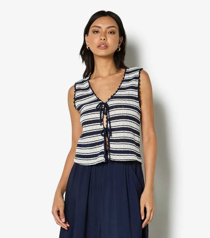 Apricot Blue Textured Stripe Tie Front Top