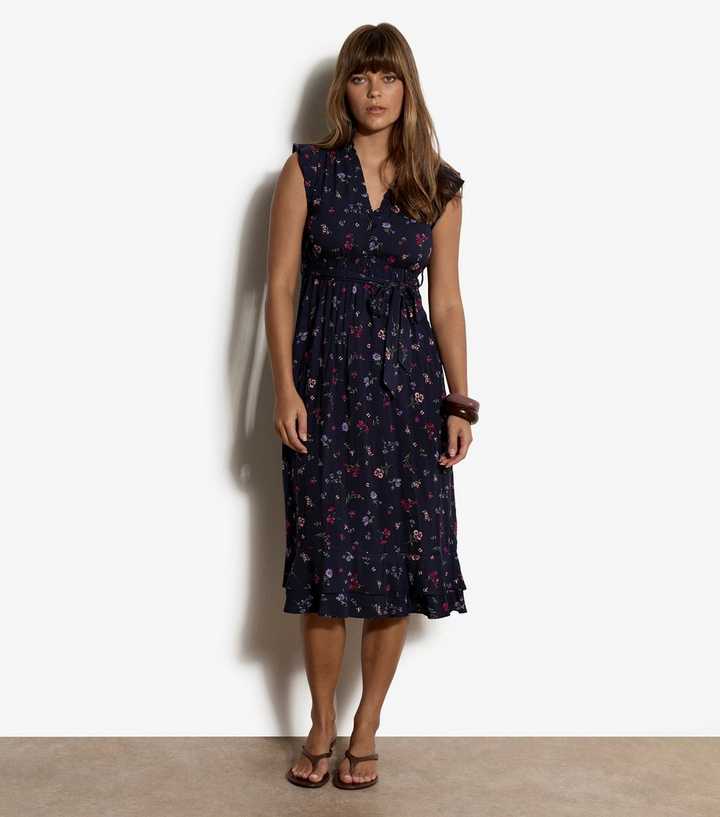 Apricot Navy Ditsy Print Ruffle Midi Dress