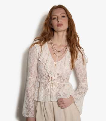 Apricot Cream Floral Lace Ruffle Cardigan