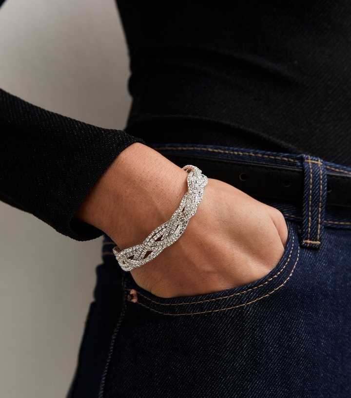 Silver Tone Plaited Diamante Bracelet