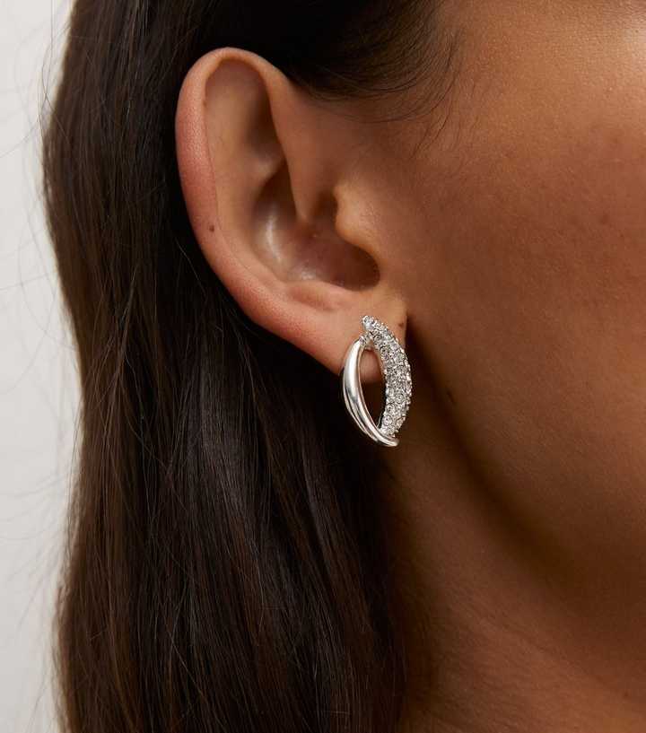 Silver Tone Diamante Open Oval Stud Earrings