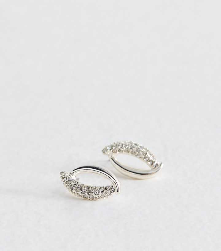 Silver Tone Diamante Open Oval Stud Earrings
