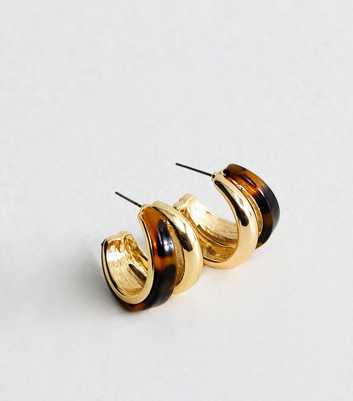 Gold Tone Brown Tortoiseshell Chunky Hoop Earrings