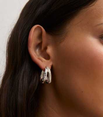 Silver Tone Sleek Ridged Double Hoop Earrings