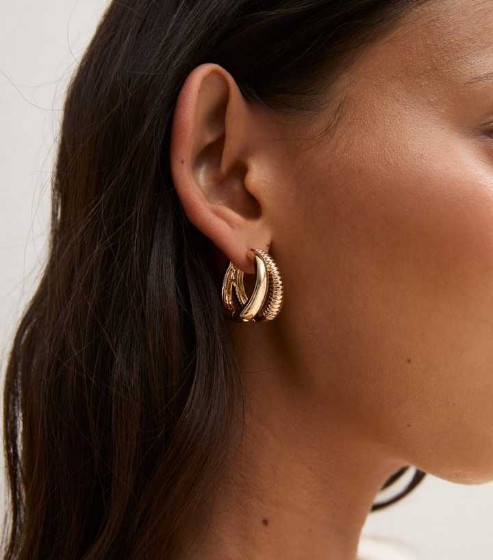 Gold Tone Sleek Ridged Double Hoop Earrings