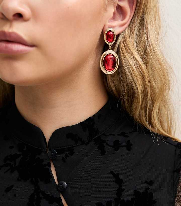 Gold Tone Dark Burgundy Oval Drop Earrings