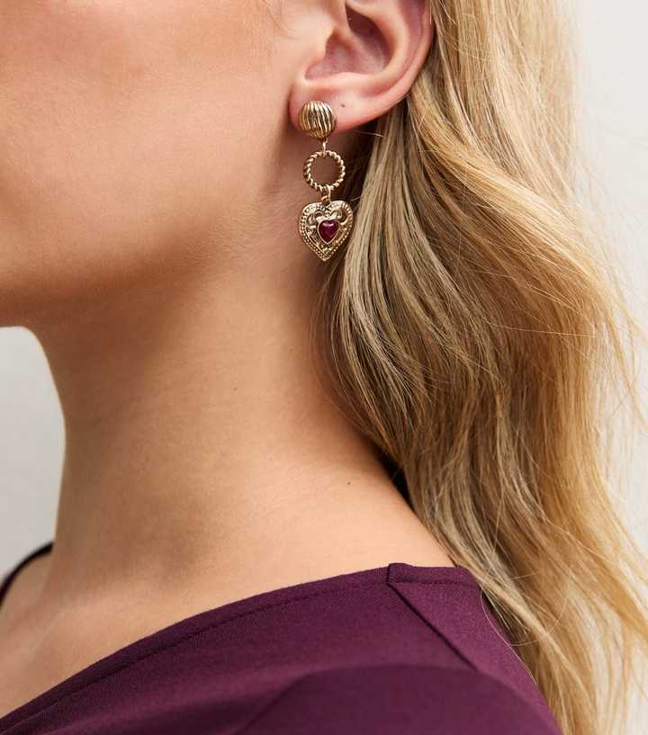 Gold Tone Red Heart Drop Earrings