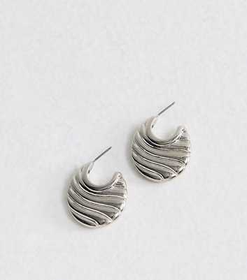 Silver Tone Ridged Flat Hoop Earrings