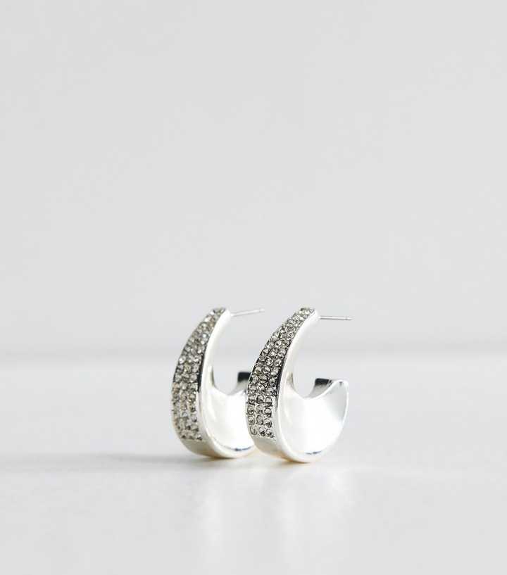 Silver Tone Diamant?� Chunky Hoop Earrings