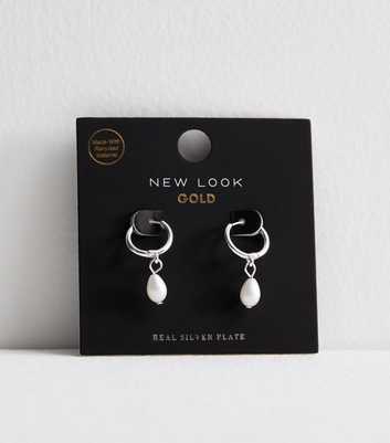 Silver Plated Faux Pearl Drop Hoop Earrings