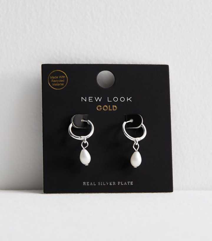 Silver Plated Faux Pearl Drop Hoop Earrings