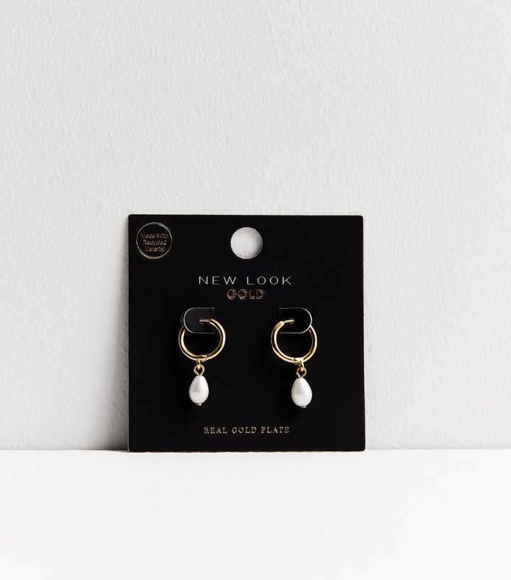 18ct Gold Plated Faux Pearl Drop Hoop Earrings