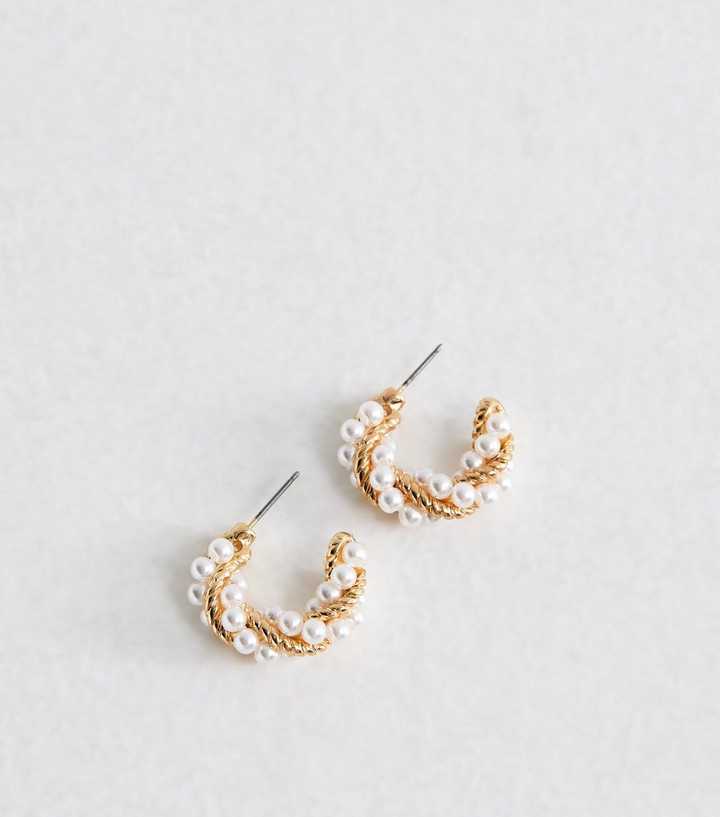 Gold Tone Twisted Faux Pearl Chunky Hoop Earrings