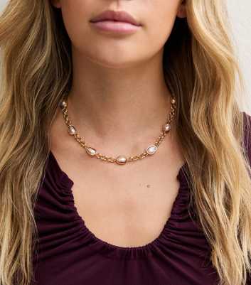 Gold Tone Faux Pearl Chain Necklace
