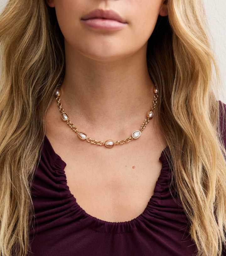 Gold Tone Faux Pearl Chain Necklace