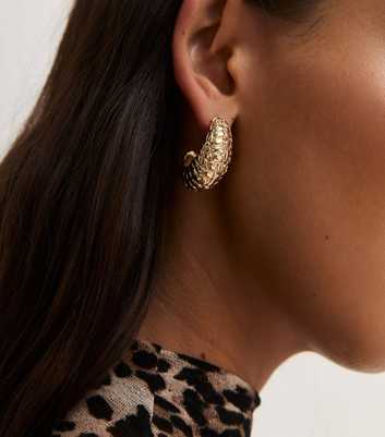 Gold Tone Beaten Chunky Open Hoop Earrings