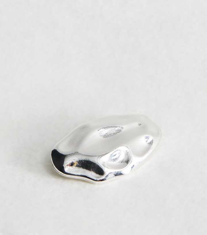Silver Tone Beaten Abstract Oval Brooch