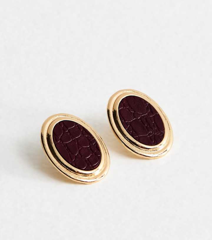 Dark Burgundy Croc Embossed Oval Stud Earrings