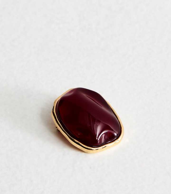 Gold Tone Burgundy Stone Look Brooch