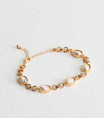 Gold Tone Oval Faux Pearl Chain Bracelet