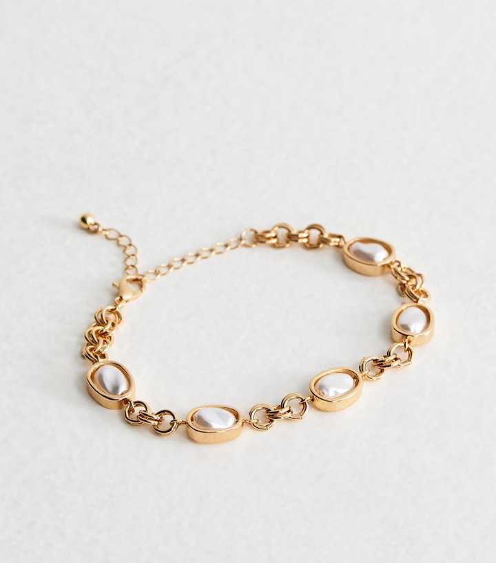 Gold Tone Oval Faux Pearl Chain Bracelet