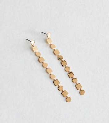 Gold Tone Square and Circle Long Drop Earrings