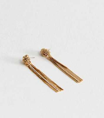 Gold Tone Diamante Knot Tassle Drop Earrings