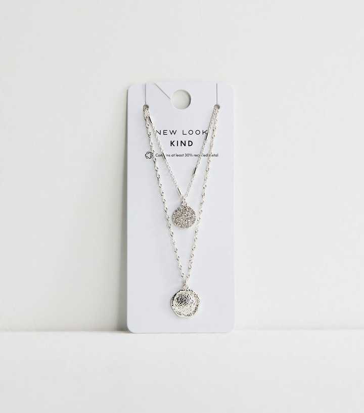 Silver Tone Two Layer Diamante Beaten Circle Necklace