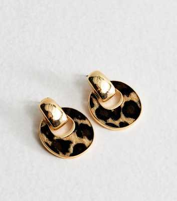 Gold Tone Leopard Print Circle Stud Drop Earrings