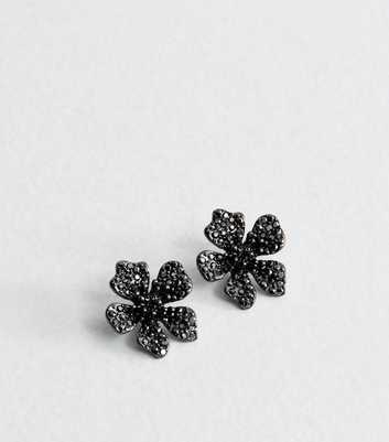 Grey Diamante Flower Stud Earrings