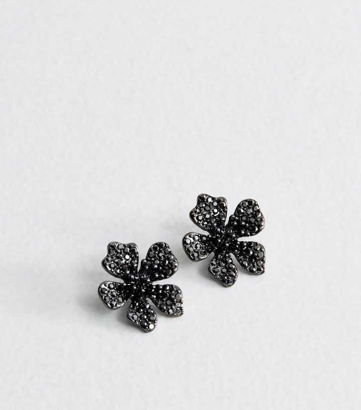 Grey Diamante Flower Stud Earrings