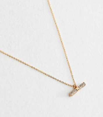 Gold Tone Diamante T Bar Pendant Necklace