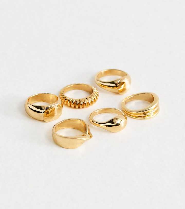 Pack of 6 Gold Tone Chunky Signet Rings