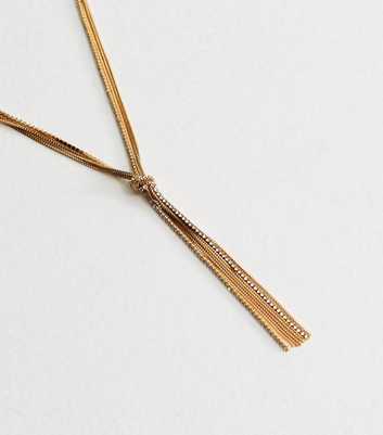 Gold Tone Diamant?� Chain Knot Tassel Necklace