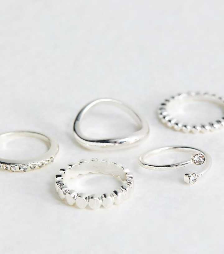 Pack of 5 Silver Tone Textured Diamante Rings