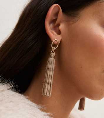 Gold Tone Brown Oval Stud Tassel Drop Earrings