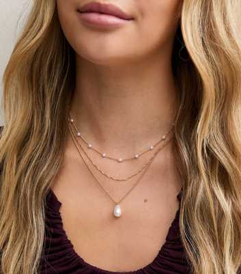 Gold Tone 3 Layer Faux Pearl Chain Neckalce