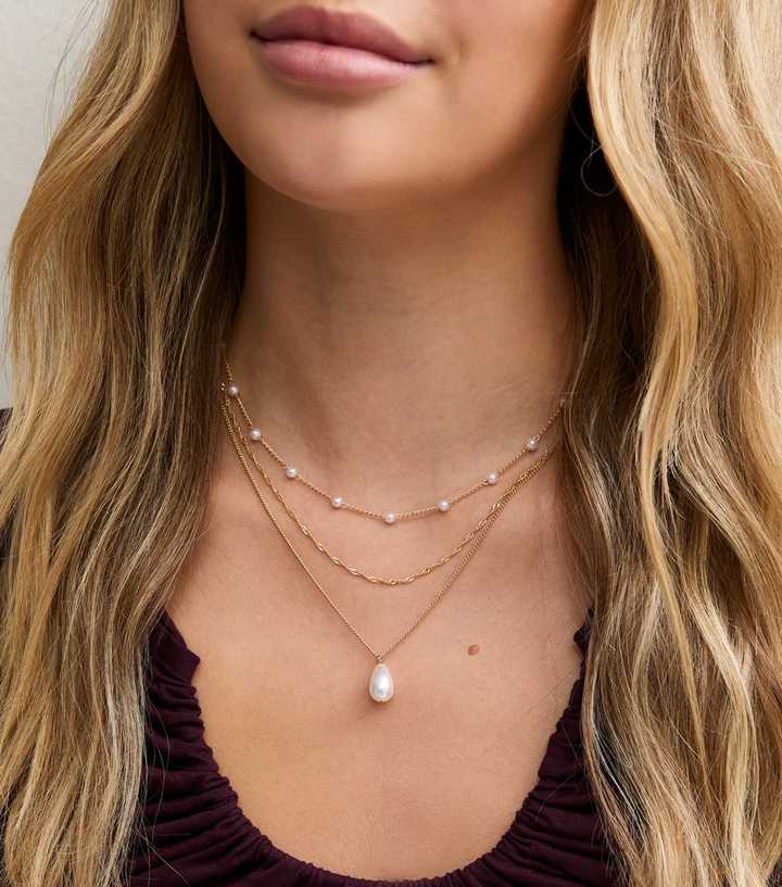 Gold Tone 3 Layer Faux Pearl Chain Neckalce