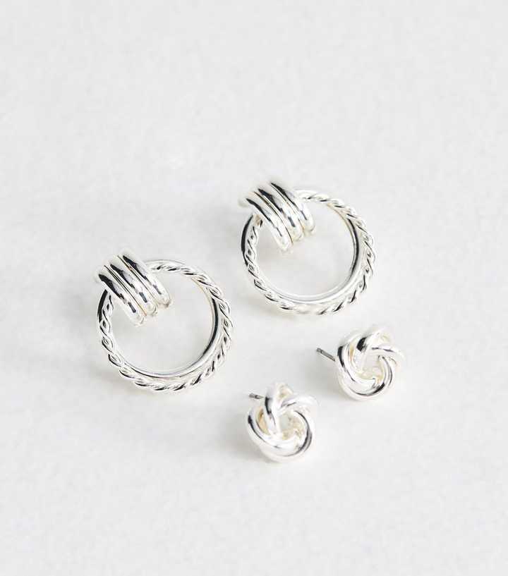 Pack of 2 Silver Tone Knot Stud and Hoop Earrings