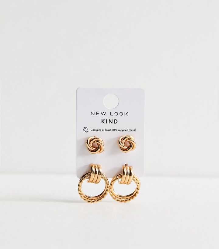 Pack of 2 Gold Tone Knot Stud and Hoop Earrings