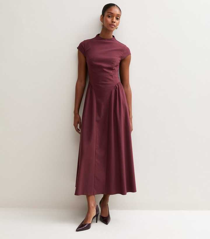 Burgundy Bengaline Cap Sleeve Flared Midi Dress