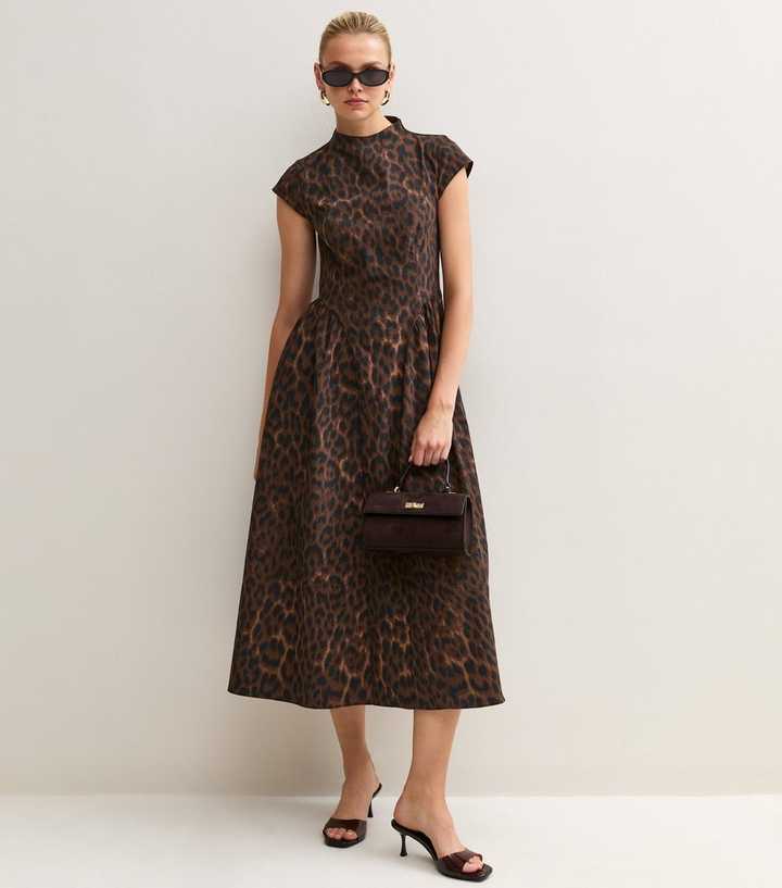 Brown Leopard Print Cap Sleeve High Neck Midi Dress