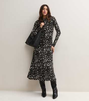 Black Abstract Print Long Sleeve Midi Dress